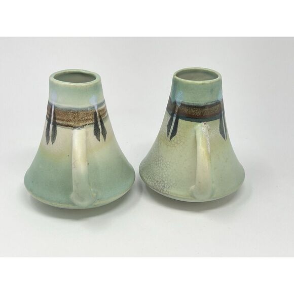 Vintage Made In Japan Double Handled Ceramic Vases Montacello 5” Green Set Of 2 - Picture 5 of 10